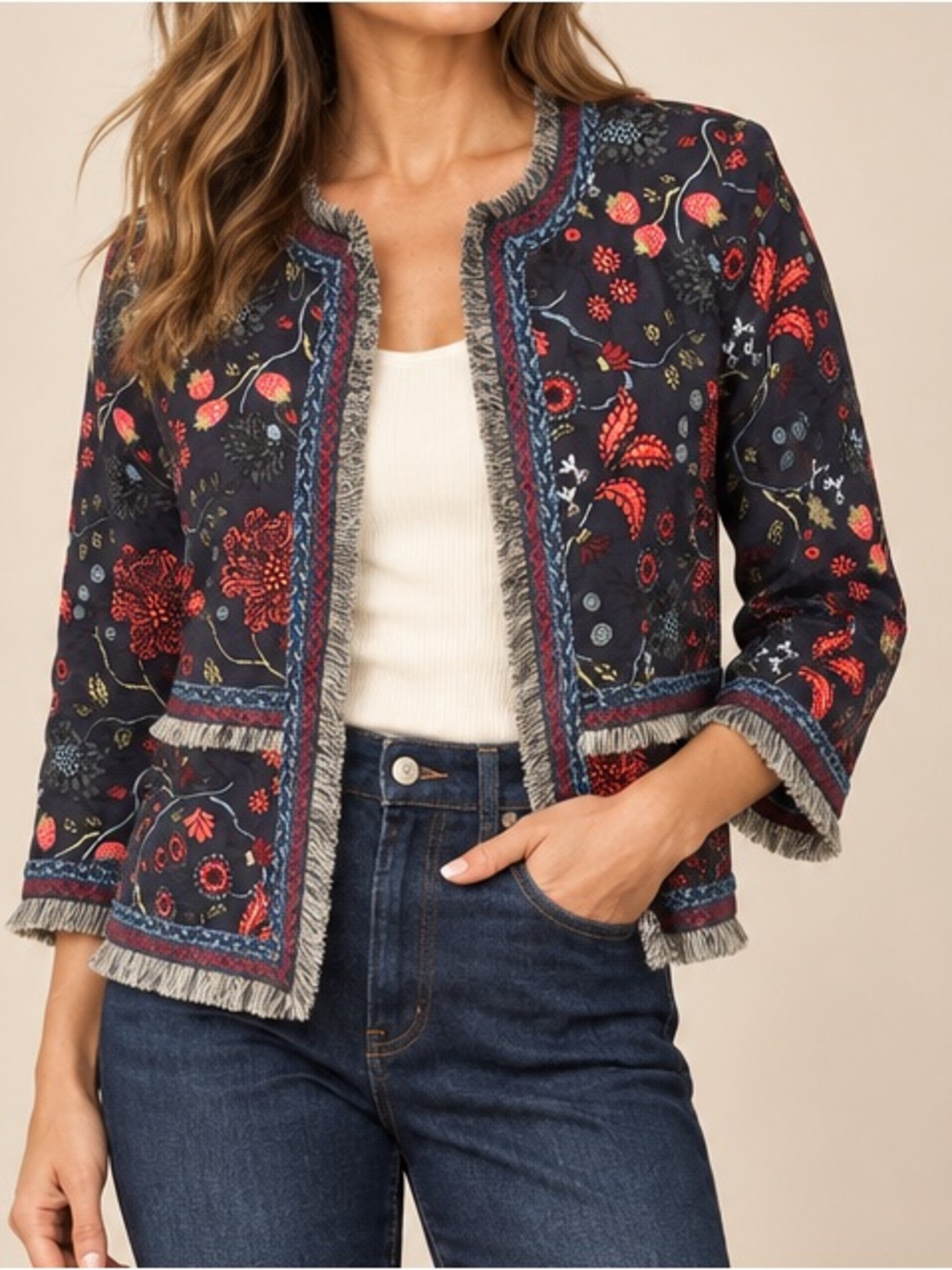 LOFT Primavera Strawberry Floral Fringe Jacket Navy Boho Blazer Size 4